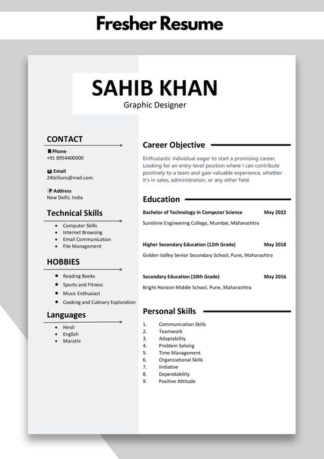 Fresher Resume Template | Fresher Resume Template Word/pdf Best Resume Format For Freshers In India, Fresher Resume Format, Resume Templates For Freshers, Professional Resume Format For Freshers, Best Resume Format For Freshers, Resume Template For Freshers, Resume For Freshers, Resume Design Inspiration, Fresher Resume