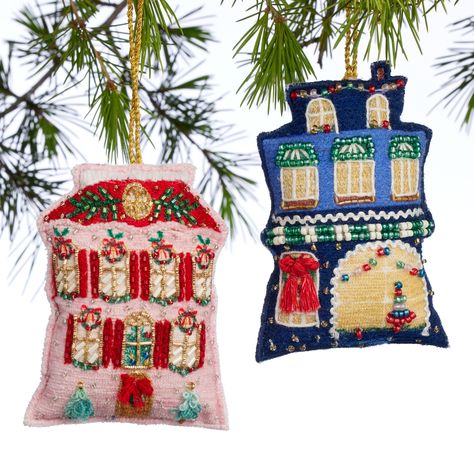 Fabric Embroidered House Ornaments Set Of 2 - World Market Eclectic Christmas Ornaments, Embroidered House, Felting Crafts, Embroidered Christmas Ornaments, Embroider Ideas, Christmas Fabric Crafts, Embroidery Ornaments, Christmas World, All Christmas