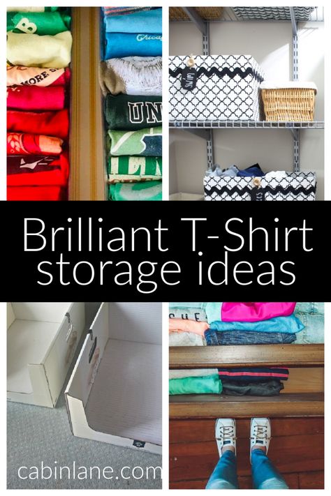 T-Shirt Storage Ideas: Brilliant Methods for Any Space - Cabin Lane Closet Folded Clothes Storage, Organize Folded Clothes In Closet, Folded Shirt Organization, Diy Tshirt Organization, Closet T Shirt Organization, Closet Shirt Organization, Clothes Bin Storage Ideas, Closet Tshirt Organization Ideas, Shirts Organization Ideas