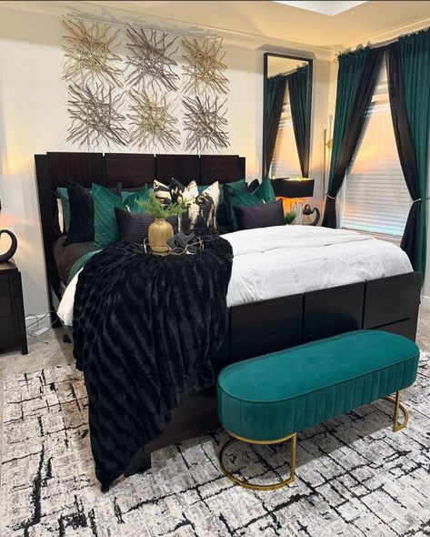 Emerald Black And Gold Bedroom, White And Emerald Green Bedroom, Green Black Gold Bedroom, Black And Emerald Bedroom, Bedroom Themes Color Schemes, Emerald Green Black And Gold Bedroom, Green Black And White Bedroom, Brown Black Bedroom, Black And Green Bedroom Ideas