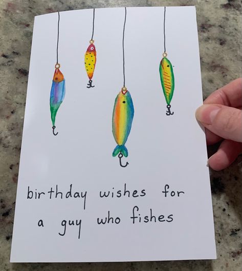 Homemade Fishing Birthday Cards, Watercolor Fish Birthday Card, Fishing Bday Cards, Diy Cute Cards For Boyfriend, Fish Birthday Cards For Men, Watercolor Birthday Card For Boyfriend, Simple Card Drawing, Birthday Card Fishing Theme, Diy Fishing Birthday Card