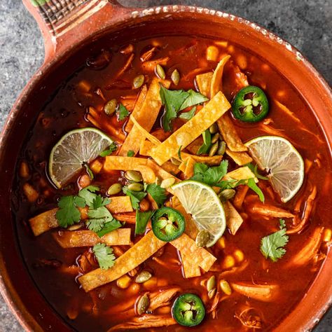 Chicken Tortilla Soup (Sopa Azteca)+Video | Kevin Is Cooking Azteca Soup, Tortillas Soup, Green Chile Chicken Soup, Chicken And Beans, Mexican Tortilla Soup, Mexican Soups, Mexican Tortilla, Chicken Broth Recipes, Southwest Recipes