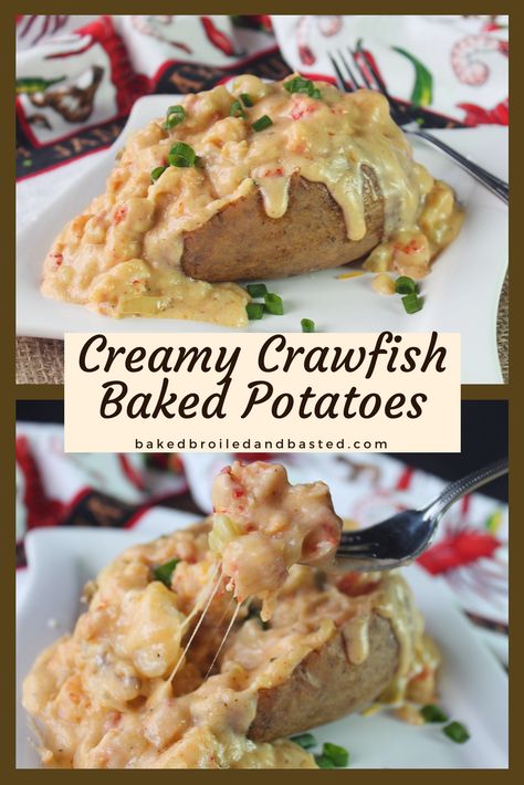 Creamy Crawfish Baked Potatoes Crawfish Baked Potato, Crawfish Dishes, Crawfish Recipes, Hp Sauce, Stuffed Baked Potatoes, Seafood Bake, Cajun Dishes, Baked Potato Recipes, Cajun Cooking