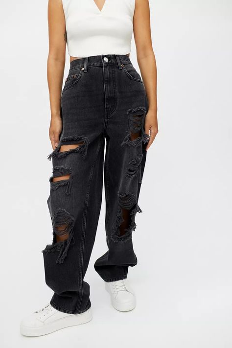 BDG Petite High-Waisted Baggy Jean – Destroyed Black Denim | Urban Outfitters Baggy Ripped Jeans, High Waisted Baggy Jeans, High Waisted Ripped Jeans, Retro Pants, Baggy Jean, Black Jeans Women, Bdg Jeans, Destroyed Jeans, Red Pants