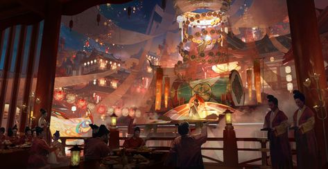 Fantasy Celebration Art, Chinese City Concept Art, Spring Environment Concept Art, Rune Concept Art, Chinese Environment Concept Art, Japanese Festival Art, Theater Concept Art, Festival Fantasy Art, Sci Fi Concept Art Landscape