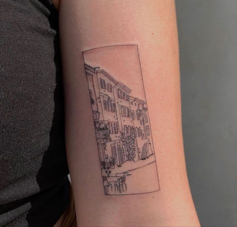 Cool Placement For Tattoos, City Outline Tattoo, Architecture Sketch Tattoo, City Buildings Tattoo, London Tattoo Artist, Paris Inspired Tattoos, Balcony Tattoo, House Outline Tattoo, Art Gallery Tattoo