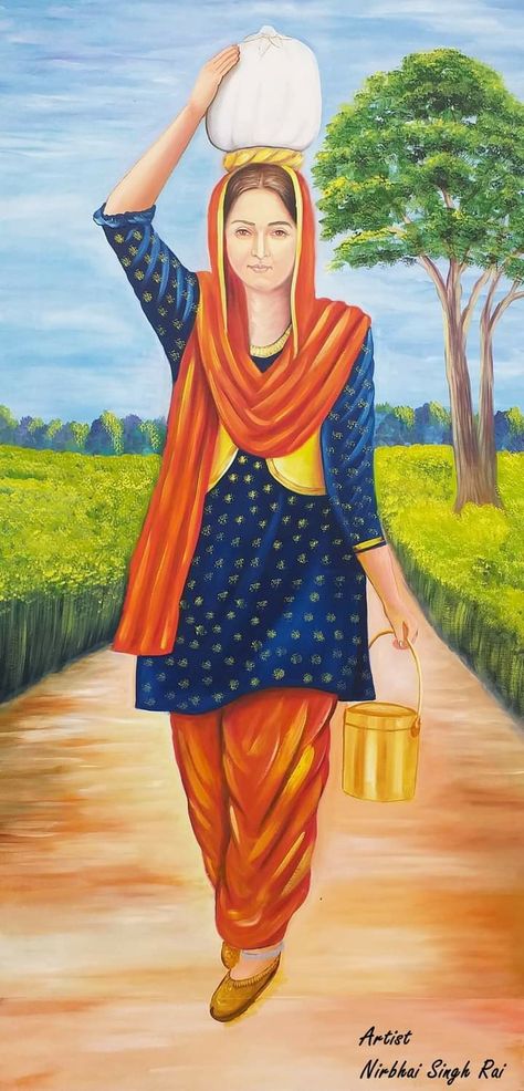 Punjabi Culture Painting, Punjab Culture, Punjabi Culture, Women Drawing, Rajasthani Art, Pencil Drawings Of Girls, Modern Art Canvas Painting, Indian Women Painting, Punjabi Couple