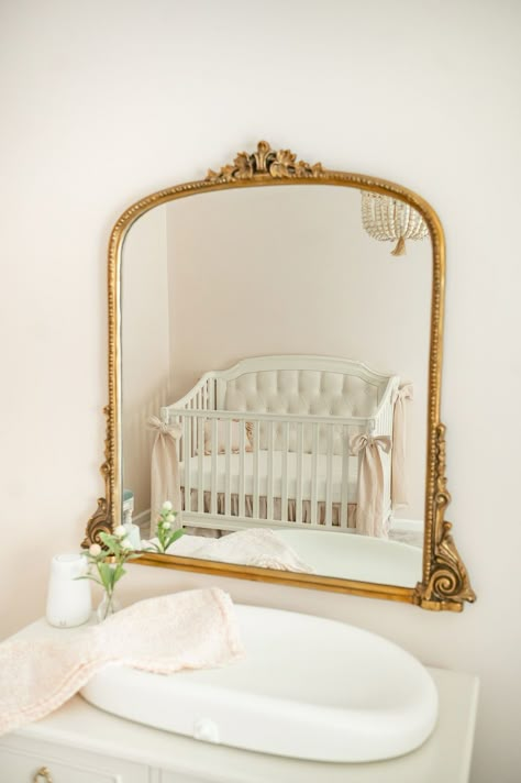 Classic Nursery Ideas Vintage, Pearl Nursery, Nursery Above Crib Decor, Sophisticated Girl Nursery, Cream Colored Nursery, Romantic Nursery, Gold Nursery Mirror, Gold Accent Nursery, Gold Mirror Nursery