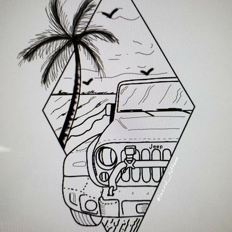 Jeep Drawing, Jeep Tattoo, Ornament Inspiration, Men's Tattoos, Jeep Art, Beach Cleanup, Jaguar Tattoo, Masculine Tattoos, Biker Tattoos