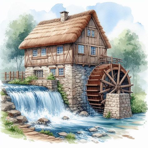 Hydro Energy, Cake International, Water Wheels, Building Inspiration, Country Barns, Painting Pictures, Water Mill, World Water, Thatched Roof