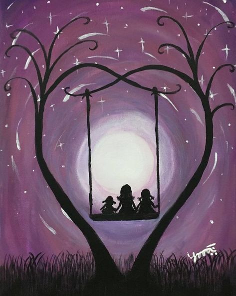 Prabhash on Instagram: “Mother with her Daughters on swing at sunset silhouette” Mother Daughter Painting, Mother And Daughter Drawing, Mother Painting, Tattoo Tree, Shadow Painting, Sunset Silhouette, Silhouette Painting, Tree Swing, Small Canvas Art