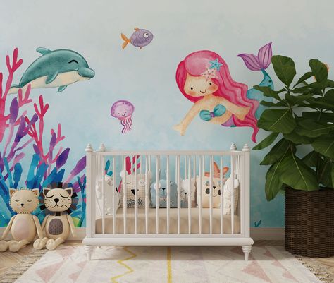 Baby Room Mural, Watercolor Kids Room, Cute Sea Animals, Little Mermaid Wallpaper, Mermaid Wallpaper, Decor Marin, Marine Decor, Mermaid Kids, Mermaid Nursery