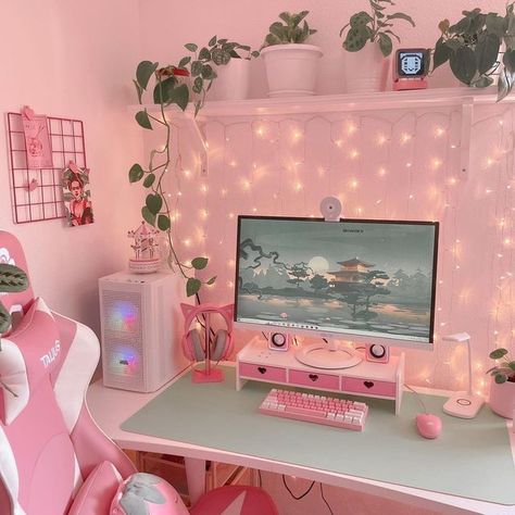 Games Room Inspiration, Gaming Desk Setup, Game Aesthetic, Cozy Desk, Dream Desk, Study Desk Decor, Pastel Room Decor, Gamer Setup, Pink Desk