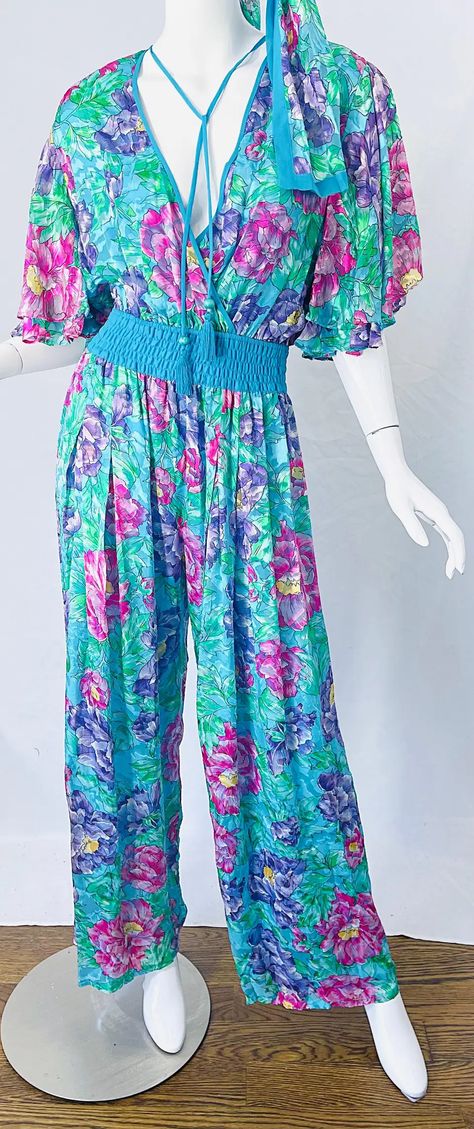 For Sale on 1stDibs - Chic and stylish brand new never worn with tags / deadstock DIANE FREIS mid 1980s silk and rayon wide leg jumpsuit ! Features a luxurious silk blend flower 1970s Jumpsuit, Beaded Jumpsuit, Disco Jumpsuit, Diane Freis, Silk Vest, Vintage Jumpsuit, Custom Denim, Halter Jumpsuit, Silk Trousers