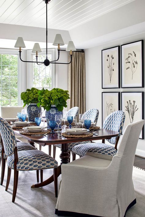 Mix Match Dining Room Chairs, Blue Chairs Dining Table, Blue And White Dining Room Traditional, Formal Dining Chairs, Florida Dining Room, Dining Room Refresh, Dining Room Entry, Dining Room Inspiration Traditional, Elegant Dining Room Ideas