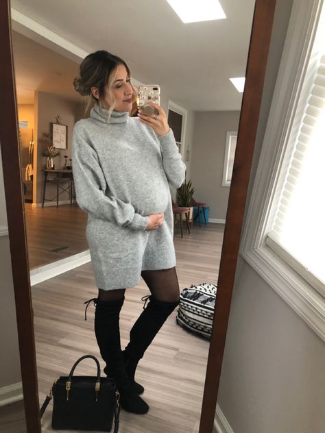 Sweater Dress Pregnant Outfit, Maternity Sweater Dress Outfit, Pregnancy Winter Outfits, Pregnancy Fits, Gray Skirt Outfit, Outfit With Tights, Pregnancy Outfit, Winter Maternity Outfits, Maternity Sweater Dress