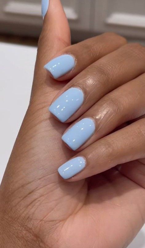 Nails Design Plain Colors, Nail Colors For School, Basic Light Blue Nails, Basic Nail Ideas Square, Square Acrylic Nails Light Blue, Really Light Blue Nails, Simple Nails Light Blue, Blue Plain Nails, Light Blue Natural Nails