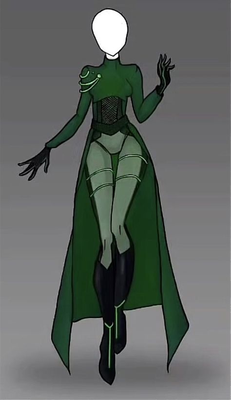 Green Super Hero Suit Female, Black Superhero Suit Design, Green Fantasy Outfit Drawing, Hero Oc Character Design Marvel, Marvel Suits Design Male, Green Clothes Drawing, Green Hero Costume Design, Green Villain Outfit, Plant Superhero Costume