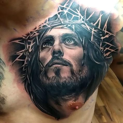 A tattoo of the face of Jesus. It's done very well in black and gray style. Style: Black and Gray. Color: Black. Tags: Beautiful Jesus Chest Tattoo, Christus Tattoo, Jesus Christ Tattoo, Jesus Tattoo Design, Christ Tattoo, Free Tattoo Designs, Tattoo Trend, Black Jesus, Religious Tattoo