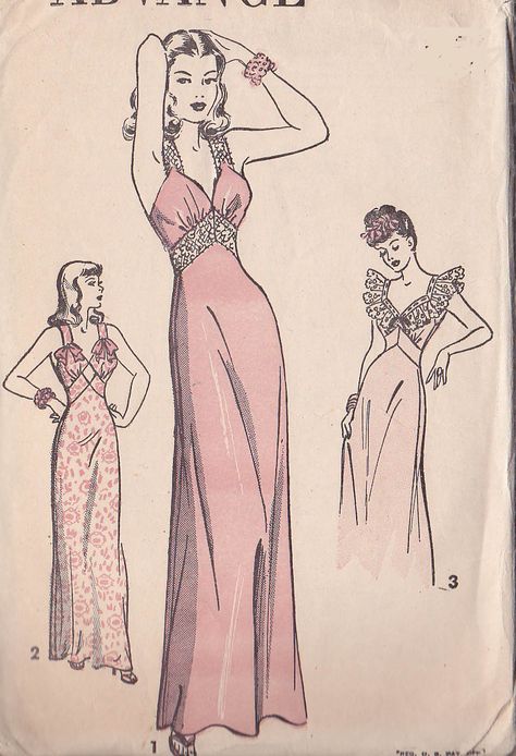 40s nightgown Advance 4749 Vintage Patterns Sewing, Retro Loungewear, Lace Insertion, Crochet Tattoo, Vintage Fashion Sketches, Tattoo Gold, Nightgown Pattern, Vintage Vogue Patterns, Hair Bag