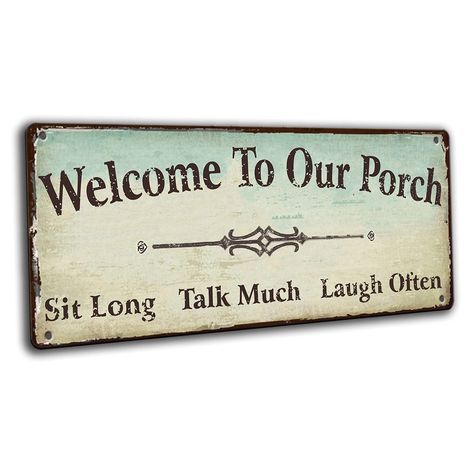 PRICES MAY VARY. Welcome to Our Porch Tin Sign, Sit Long, Talk Much, Laugh Often, fun porch decoration helps enjoy an absolutely relax time at yard Made of lightweight and durable tinplate suited for any wall, stand or fence as novelty décor art, rustic yet simple porch decor adds that perfect finishing touch to any home decorating Porch outdoor sign comes with rounded corners with 4 pre-drilled holes for style and easy hanging, or apply double sided adhesive tape to the back for mounting Rustpr Backyard Wall Decor, Backyard Wall, Welcome To Our Porch, Decorating Porch, Backyard Accessories, Cricut Patterns, Novelty Decor, Porch Outdoor, Wall Stand