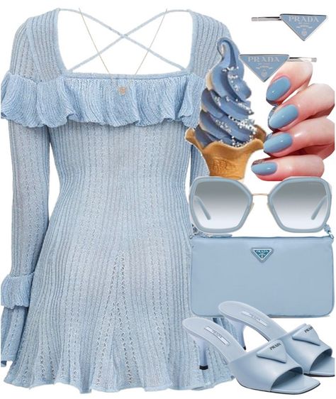 ice cream date Outfit | ShopLook Ice Cream Date Outfit, Pastel Blue Dress, Ice Cream Date, Light Blue Nails, Date Outfit, Blue Sunglasses, Blue Purse, Aries Zodiac, Outfit Shoplook