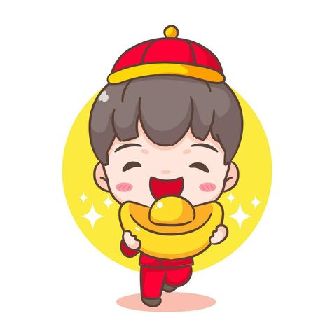 Cute boy celebrate Chinese new year cartoon illustration. Hand drawn chibi character. Holiday concept design. Isolated white background New Year Cartoon, Brand Character, Chibi Characters, Logo Banners, Cityscape Photos, Custom Illustration, Custom Branding, Background Banner, Cartoon Illustration