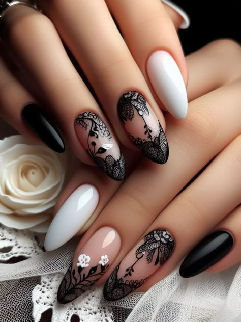 https://www.worldculturepost.com/2024/04/black-nail-designs.html Lace French Nails, Nail Floral Designs, Nails With Lace Design, Black And Neutral Nails, Black Lace Nails Designs, French Floral Nails, Black And White French Manicure, Trendy Black Nail Designs, Black Floral Nails