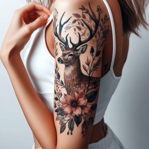 Creative deer tattoo concepts that blend beauty and grace. Find the perfect inspiration for your next tattoo. 🦌 #tattoo_art #tattoo_sketch #tattoo #tattoo_for_woman #tattoo_ideas #tattoo_for_man Deer Tattoo Feminine, Angel And Flowers Tattoo, Deer Hunter Tattoo, Deer Tattoos For Women Antlers, Dear Tattoos, Upper Arm Tattoo Women, Feminine Deer Tattoo, Womens Deer Tattoo, Deer Woman Tattoo