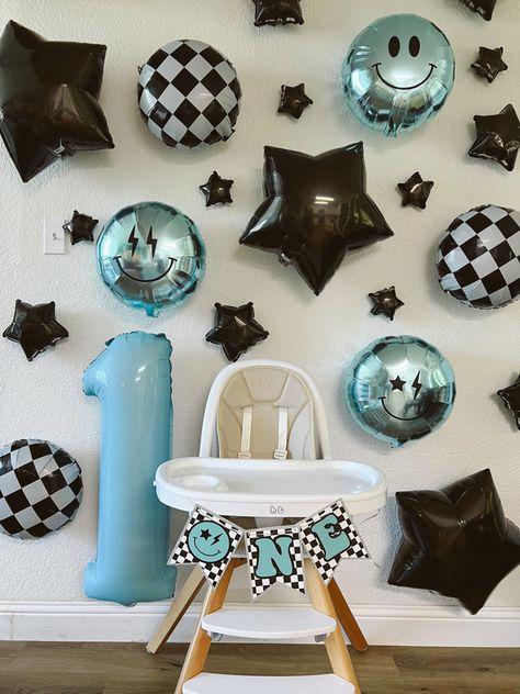 Blue Smiley Face Birthday, One Cool Dude Birthday Theme, One Happy Dude Snacks, One Cool Dude Centerpieces, Diy One Happy Dude Birthday, Boy 1st Birthday Themes Ideas, 1st Birthday One Happy Dude, 1sr Birthday Boy, One Cool Dude First Birthday Party Decor