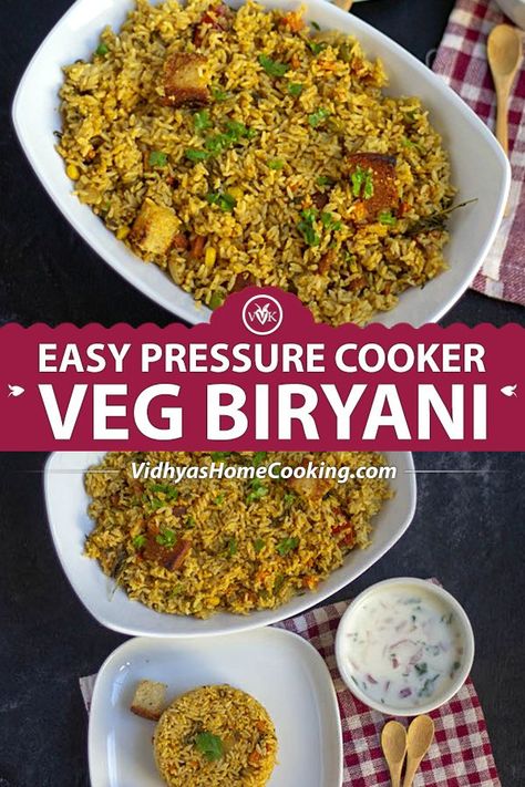 A simple vegetable biryani made in the stove-top pressure cooker with freshly ground coconut paste and fried bread in the stove-top pressure cooker. #vegbiryani #pressurecookervegbiryani #southindianvegbriyani #vegbiryaniwithcoconut | vidhyashomecooking.com @srividhyam Biryani Instant Pot, Amazing Vegetarian Recipes, Mini Meals, Vegetable Biryani, Paneer Makhani, Veg Biryani, Vegetarian Appetizers, Biryani Recipe, Sticky Rice