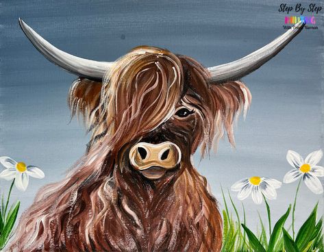 Learn to paint a "Highland Cow" - Bonus Members Tutorial - Step By Step Painting With Tracie Kiernan Highland Cow Painting Easy Step By Step, Cow Painting Tutorial, Highland Cow Painting, Pastel Sunset, Acrylic Painting Lessons, Canvas Painting Tutorials, Cow Painting, Acrylic Painting Tutorials, Cow Art