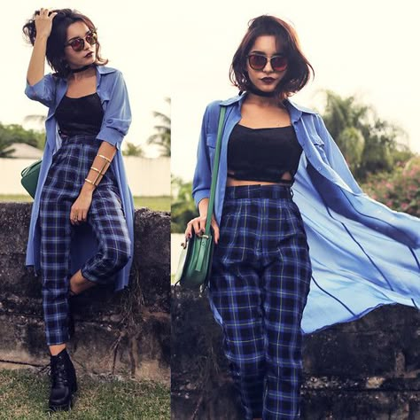 Blue Plaid Pants, Checkered Pants, Neue Outfits, Soft Grunge, Look Vintage, Plaid Pants, Mode Vintage, Mode Inspiration, Long Blouse