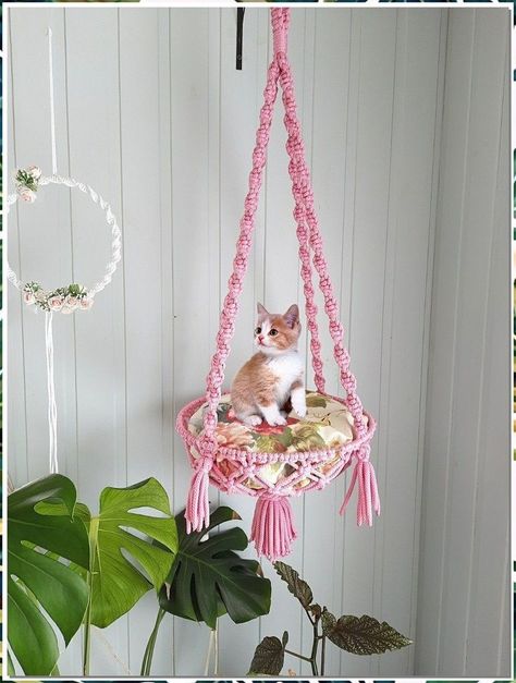 Cat Hammock Tutorial, Hammock Diy, Diy Cat Hammock, Macrame Cat Hammock, Diy Cat Bed, Pola Macrame, Diy Hammock, Macrame Plant Hanger Tutorial, Diy Cat Toys