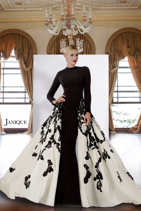 Beautiful long sleeve stretch crepe dress with floral lace and jewel neckline. Mother of the Bride gown - Special Occasion couture - Color - Black/White Black And White Gown, Mother Of The Bride Gown, Lace Evening Gowns, Slim Skirt, Black White Wedding, فستان سهرة, Bride Gowns, Jewel Neckline, Stretch Crepe