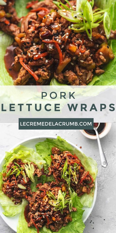 Insanely delicious and simple Pork Lettuce Wraps ready in just 20 minutes! Boldly-flavored pork and vegetable filling wrapped in a crisp lettuce cup and drizzled with a rich Asian glaze – better than any restaurant version you’ve tasted! | cremedelacrumb.com #pork #appetizer #lettuce #lettucewrap #delicious #20minuterecipes Asian Pork Salad, Sausage Lettuce Wraps Recipe, Pork Tenderloin Lettuce Wraps, Lettus Wraps Recipes, Pork Wraps Recipes, Ground Pork Lettuce Wraps Pf Changs, Pork Asian Recipes, Asian Wraps Lettuce, Asian Ground Pork Recipes