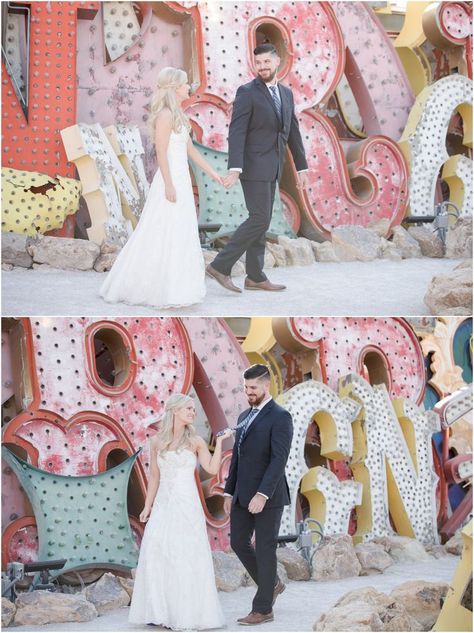 Vegas Vow Renewal Ideas, Vegas Neon Museum, Museum Elopement, Las Vegas Wedding Dresses, Las Vegas Neon, Vegas Elopement Photography, Neon Museum Las Vegas, Las Vegas Bride, Vegas Bride