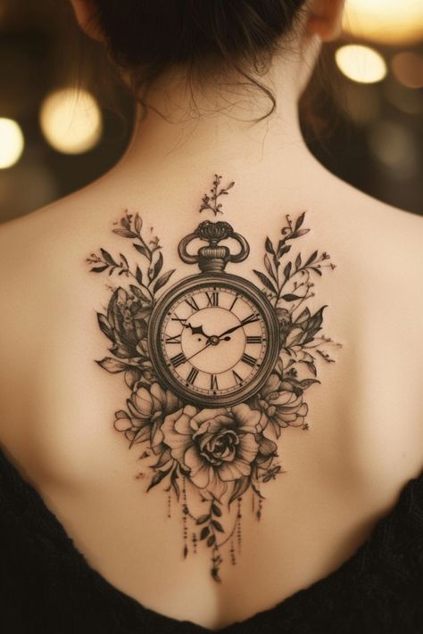 A detailed tattoo of a pocket watch and flowers on a woman's upper back. Female Clock Tattoo, Clock And Rose Tattoo Design For Women, Birth Clock Tattoos For Women, Compass Tattoo Back, Time Clock Tattoos For Women, Pocket Watch Tattoos For Women, Clock Compass Tattoo, Roman Numeral Clock Tattoo, Feminine Clock Tattoo