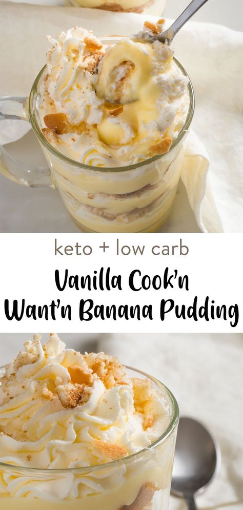 A keto friendly low carb banana pudding with vanilla wafer cookies in every bite. Enjoy the flavor of creamy sugar free pudding with a sweet flavor and crunchy cookies. Try it in a jar cold or even whip up some egg whites and make it toasty like the traditional southern style. Banana Pudding Keto, Keto Bannan Pudding, Zero Sugar Banana Pudding, Coolwhip Deserts Low Carb, Keto Vanilla Wafers, Sugar Free Pudding Mix Recipes, Keto Sugar Free Pudding Recipes, Recipes With Sugar Free Pudding, Sugar Free Cool Whip Desserts Keto