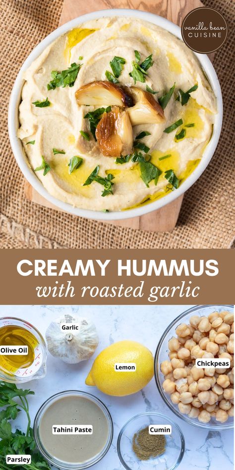 Roasted Garlic Hummus will quickly become your favorite healthy snack. Smooth and creamy hummus blended with sweet and savory roasted garlic make a fantastic flavor combination. Roasted Garlic Hummus Recipe, Garlic Hummus Recipe, Hummus Snack, Best Hummus Recipe, Dip Healthy, Hummus Sandwich, Roasted Garlic Hummus, Hummus Recipe Homemade, Hummus Recipes