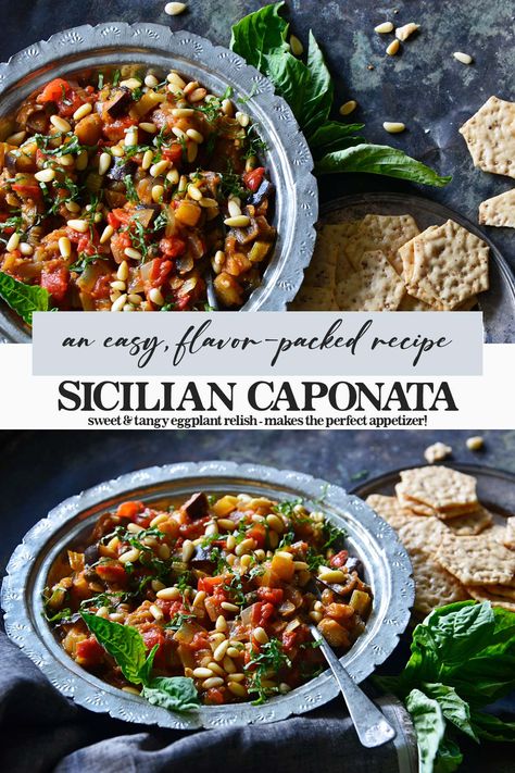 Caponata Recipe (Sicilian Eggplant Relish) Sicilian Vegetarian Recipes, Sicilian Zucchini Recipes, Caponata Recipe Eggplant, Puglian Recipes, Sicilian Eggplant Recipes, Sicilian Recipes Authentic, Sicilian Caponata Recipe, Italian Eggplant Recipes, Sicilian Caponata