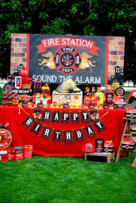 Fire Fighter Birthday Party Ideas | Photo 47 of 112 | Catch My Party Fire Fighter Party, Fireman Party, Firetruck Birthday Party, Fire Truck Party, Firefighter Party, Fireman Birthday, Birthday Decorations For Men, Firefighter Birthday, Truck Birthday