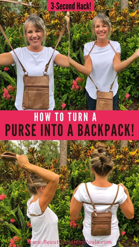 Easy hack for how to turn a purse into a backpack in 3 seconds flat! Your mind will be blown! Turn any purse, crossbody bag, shoulder bag, or messenger bag into a comfortable backpack in just 3 simple steps! How To Make A Purse Into A Backpack, How To Turn A Purse Into A Backpack, Purse To Backpack, Purse Hacks, Backpack Hacks, Bag Hacks, Working Wardrobe, Artsy Crafts, Zipper Binder