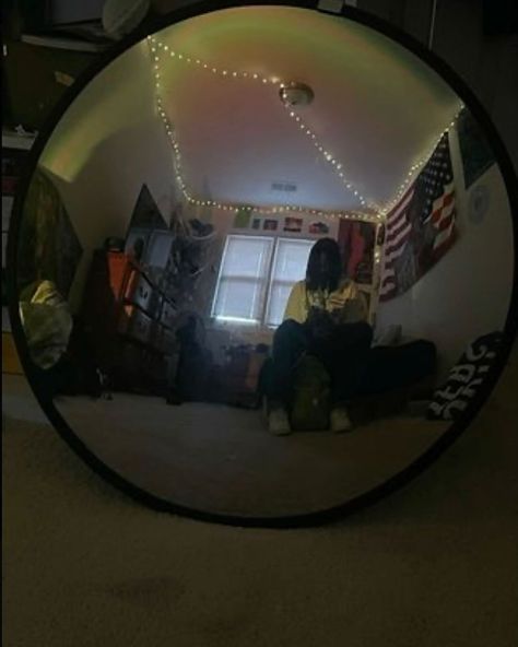 Traffic mirror.Perfect for pics. #roomination #roomdecor #roominspiration Traffic Light Mirror, Traffic Mirror In Room, Mirror Spray Paint, Traffic Mirror, Traffic Mirrors, Uni Room, Houzz Decor, Body Mirror, Traffic Signs