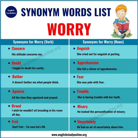 Worry Synonym | List of 25 Useful Words for Worry - English Study Online Worry Synonyms, Worried Synonym, Book Prompts, Word Choice, English Vocab, English Writing Skills, Words To Use, Spelling Words, English Phrases