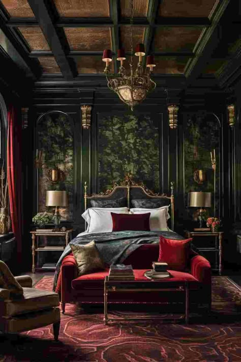 Dark Opulent Bedroom, Maximalist Decor Dark Academia, Dark Baroque Bedroom, Green And Red Home Decor, Victorian Main Bedroom, Dark Academia Home Decor Bedroom, Bohemian Victorian Bedroom, Dark English Bedroom, Masculine Victorian Bedroom