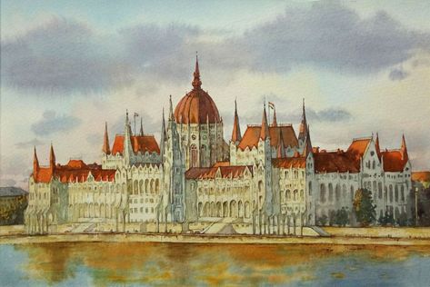 Orsagaz, Budapest on Behance Budapest Watercolor, Budapest Painting, Watercolor Course, Ar Art, Classical Paintings, Capital Of Hungary, Architecture Design Process, Watercolor Postcard, Urban Sketch