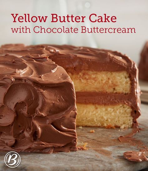 Scratch baking truly doesn't get much better than this. This all-time favorite combo of yellow cake and rich chocolate frosting is appropriate for any and every occasion, including birthday parties, holidays and potlucks. Yellow Cake With Milk Chocolate Frosting, Yellow Cake Frosting, Butter Cake With Chocolate Frosting, Yellow Cake Chocolate Icing, Gold Vintage Cake, Yellow Cake With Chocolate Frosting, Yellow Cake Chocolate Frosting, Buttercreme Frosting, Yellow Butter Cake