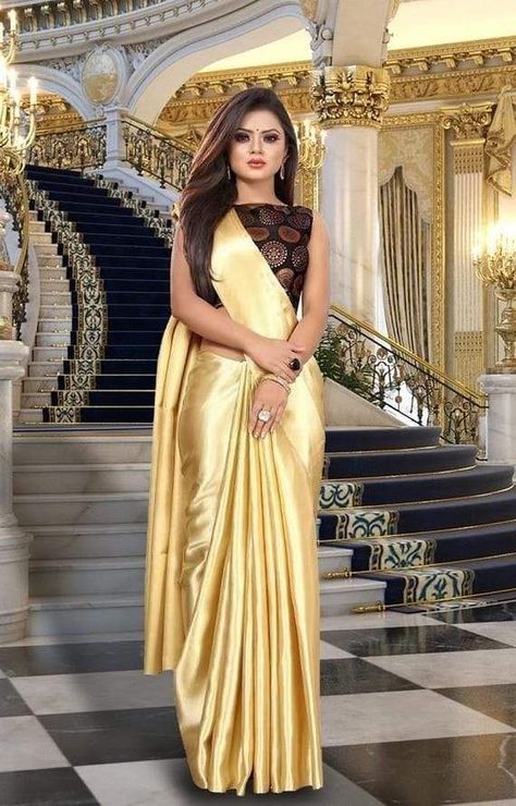 Yellow Satin Saree, Satin Silk Saree, Fancy Saree, Youth Club, Lehnga Dress, Satin Fashion, Modern Saree, Plain Saree, Saree Blouse Patterns