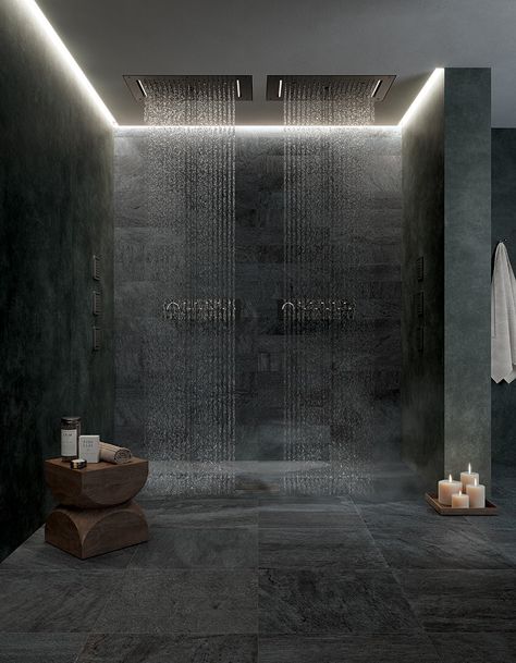 Rain Shower Aesthetic, Rain Shower Bathtub, Dark Showers Aesthetic, Luxe Shower Aesthetic, Rainshower Bathroom, Cool Showers Dark, Home Spa Room, Spa Shower, Sauna Design